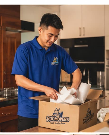 Roomovers mover carefully packing items in a kitchen